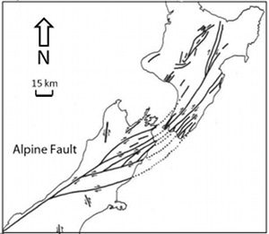 The Alpine fault and it's splays (secondary faults as referred to by the original author). Simplified from Chinnery (1966) who adopted it from Lensen (1960). This configuration is named as Type A category in Chinnery's classification (see Mechanisms and Mechanics of Splay Faults).