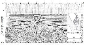 Seismic section across the Andaman Sea strike-slip fault zone showing interpreted fault segments with generally normal slip component accommodating localized extension. From Harding et al. (1985).