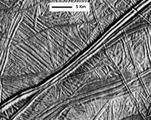 Satellite image of the Bright Plains area of Jupiter's moon Europa showing astonishing arrays of lineaments, some of which have been interpreted as faults (Kattenhorn, 2004) and deformation bands (Aydin, 2006). The image focuses on the Androgeos Linea which crosses the image from lower left to upper right. From Aydin (2006) and http://galileo.jpl.nasa.gov.