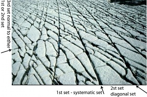 At least three sets of joints as seen on the surface of a limestone wave-cut platform. The sequence of formation based on the abutting relationships is marked on the margins. Here the systematic set has been sheared to produce the diagonal set as splay fractures but the youngest set forms orthogonal commonly to the diagonal set but sometimes to the systematic set, too. Photograph by A. Aydin.