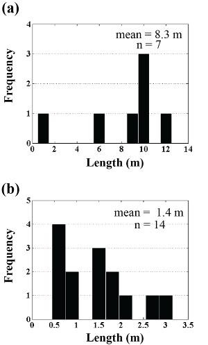 Frequency-length plots of compaction bands at high-angle to bedding (a) and parallel to bedding (b) in Aztec Sandstone exposed in Valley of Fire State Park, Nevada. The individual bands are remarkably short. From Deng and Aydin (2012).