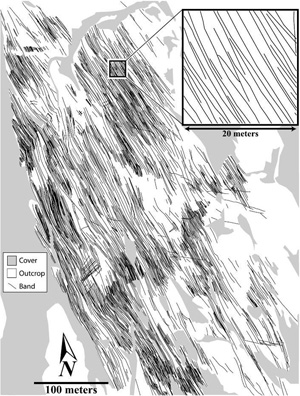 Compaction band trace map in Aztec Sandstone exposed at Valley of Fire State Park, Nevada. Inset showing details of the relationships among neighboring bands. From Sternlof et al. (2006).