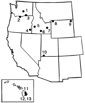 Locations of the field sites for the data in Figures 3 and 5. For specific names, see DeGraff and Aydin (1993).