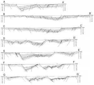 Serial cross sections across the Gulf of Suez showing how the patterns defined by the dip domains vary along and across the structure. From Patton et al. (1994).