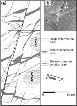 Map showing single and zone of deformation bands (mostly shear bands) overprinted by pressure solution seams and sheared pressure solution seams in carbonate grainstone cropping out in a quarry floor, Maddona della Mazza, Majella Mountain in central Apennines, Italy. From Tondi et al. (2006).