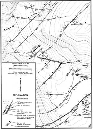 Detailed map of the Sheets Gulch area showing two sets of shear band faults with left- and right- lateral offsets in conjugate pattern. Normal sense of slip indicated by bars is also present. From Davis (1999).