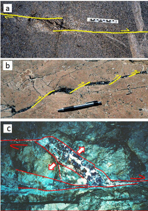 Photographs illustrating rhomb-shaped dilations filled by (a) veins in granitic rocks of Sierra Nevada, California; (b) hydrocarbon solidified into tar in the siliceous rock of the Monterey Formation in coastal California; (c) lead and silver (in addition to quartz) precipitation.