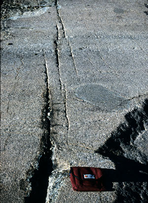 Echelon joint traces on a nearly horizontal glaciated surface in granodiorite outcropping at Donner Pass, Sierra Nevada.