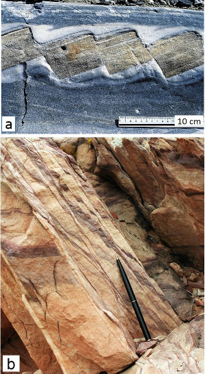 Extensional deformation of alternating ductile and brittle rocks. (a) Detrital rock unit has been deformed by normal faulting in the middle and the surrounding anhydrite layers have been deformed by stretching and flow. From a brochure by ETH. (b) Flow of mud layers (purple color) along normal faults in the Entrada sandstone exposed on the southwestern limb of the Salt Valley anticline, Arches National Park, Utah.