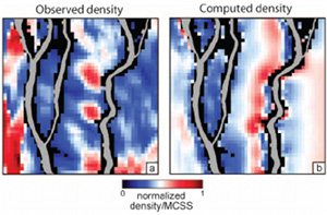 The observed (at Upper Jurassic horizon) and computed fault density distributions. MCSS bar shows the normalized magnitudes of the Coulomb shear stresses at grid points. The large faults (gray) are used to compute the densities. From Maerten et al. (2006).