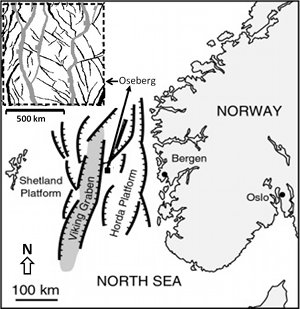 Location map of the Oseberg field in the North Sea, off shore Norway. The inset at the upper left corner is a fault map in which faults of larger scale are of gray color. From Maerten et al. (2006).