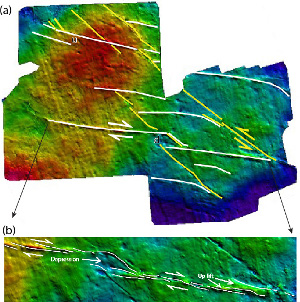 Seismic images of a network of faults as they appear at the top of the Thamama Formation across a N-NE trending anticline, Abu Dhabi, UAE (Johnson et al., 2005). Two sets of faults (yellow in N45W and white in N75W orientations) were identified by the authors and interpreted as left- and right-lateral, respectively. Two relatively large steps with depression (d) and uplift (u) are pointed out in (a) and a series of other segments can be seen in (b). Some of the intersection relationships in (a) and the finer segments in (b) are our interpretations.