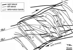Field map showing clockwise material rotation in a left-stepping, right-lateral fault bounding a series of left-lateral faults. The curving of the trace of the left-lateral faults in the upper-right part of this figure is due to topographic effects. By Flodin and Aydin (2004).
