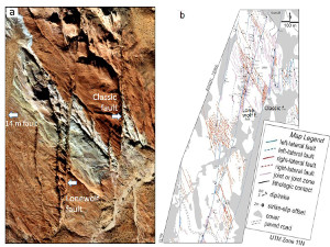 (a) Aerial photograph showing the 14 m fault, the Lonewolf fault, and the Classic fault in Valley of Fire State Park, and (b) map showing adjacent and related faults. From Flodin and Aydin (2004).