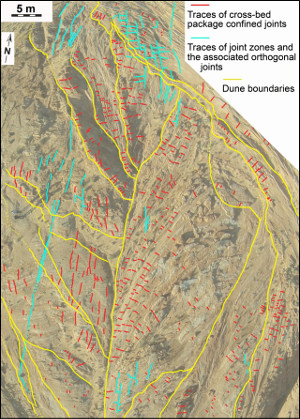 Map showing cross-bed confined joint system and joint zones with associated orthogonal joint systems in a series of dunes with variable cross-bedding orientation in Aztec Sandstone exposed at Valley of Fire State Park. Revised from Deng et al. (2015).