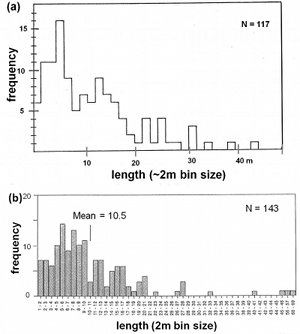 (a) Length distribution of individual joints in joint zones in the Moab member of the Entrada Sandstone cropping out at Arches National Park. Slightly revised from Dyer (1983). (b) Length distribution of fractures in the Pictured Cliff sandstone, near Durango, Colorado. Slightly changed from Laubach (1992, unpublished).