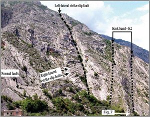 Photograph (view northeast) showing major structure types (some are highlighted) in platform carbonates immediately above the projected basal thrust at Fara San Martino, Italy. From Aydin et al. (2010).