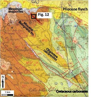 Map showing major units cropping out near Lettomanoppello and its surroundings. The Miocene Bolognano grainstone and the location of the Roman Quarry are marked. Slightly modified from Servizio Geologico Italiano (1970).