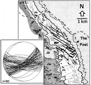 Airphoto map of a select area at the Post area (about 25 km south of the Sheets Gulch) showing shear band faults concentration at a bend along the monocline. Steronet shows the measured orientation of the shear bands. From Roznovsky and Aydin (2001).