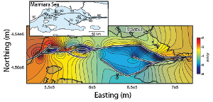 Analysis of the Marmara Sea basin vertical displacement rate derived from fault slip and the North Anatolian Fault plate boundary motion. The three basins from east to west are the Cinarcik, Central Marmara, and Tekirdag. The model prediction matches reasonably well with the bathymetry of the basin. From Muller and Aydin (2005).