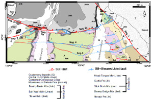 Map of the Moab Fault, southeast Utah, showing major fault segments and several relays. The fault has about 900 m throw to the east of the map location. From Davatzes et al. (2005). See the next figure for the details of the relay in the middle.