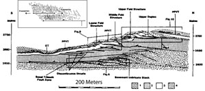 Segmented geometry of a series of thrust faults in cross section. Inset showing details of a small section. From Grant (1990).