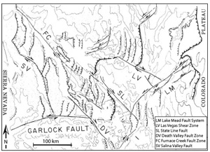 Schematic map of southern Basin and Range region showing normal faults with hatchured lines and strike-slip faults with relative motion arrows. Both fault types are believed to be of Ceneozoic in age. From Burchfiel and Davis (1988).