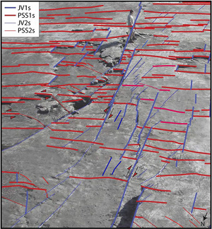 Patterns of pressure solution seams and veins in sandstone, Ross platform, southwestern Ireland. From Nenna and Aydin (2011).