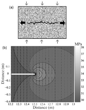 A pressure solution structure in granular rock is highly irregular as depicted in (a), but it can be idealized as an anticrak (the white bar in (b). This particular model is subjected to a remote mean stress of 30 MPa to illustrate the distribution of the mean stresses around the tip region. Tick marks represent the local orientation of maximum compressive stress, which generally normal to the structure and it's extension from the tip. (a) Redrawn from Aydin et al. (2006) and (b) from Sternlof et al. (2005).