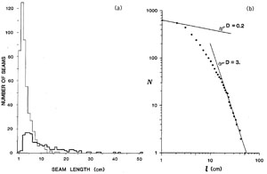 (a) Frequency-length distribution of pressure solution seams in limestone outcrops. Thin lines are for single seams and thick lines are for composite seams. (b) Number N of seams longer than l plotted as a function of seam length l. Data shown are for only complete seams on the outcrop map and include both histograms in (a). Data distributed along a smooth curve whose slope can be interpreted as a fractal dimension, D. D varies from 0.2 to about 3, as l goes from 1 cm to 17 cm. D = 3 is a constant for l > 17 cm seams. From Mardon (1988).