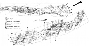 Distribution of multiple sets of pressure solution seams and veins associated with a series of strike-slip faults in a micritic limestone outcrop in the Languedoc region near Montpellier, France. From Petit and Mattauer (1995).