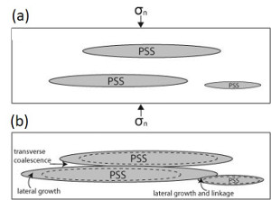 Schematic illustration of lateral and transverse linkage and coalescence of neighboring PSSs resulting in the lengthening and thickening of PSSs. From Nenna and Aydin (2011).