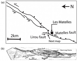 (a) A series of faults with predominantly strike-slip and some strands with normal slip component in Jurassic limestone cropping out near Les Matelles in Lanquedoc, France. Note the location of the next map along the Lirou fault strand. Simplified from Petit and Mattauer (1995). (b) Map showing the major strands of the Matelles-Lirou predominantly strike-slip fault system with some normal slip components. Rectangle in the upper center marks the frame of the next map. From Petit and Mattauer (1995). Note that the major strands are highlighted by thick black lines for the purpose of better visibility.
