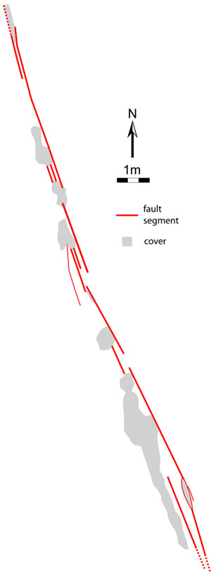 Traces of an incipient right-lateral strike-slip fault with 80 cm slip in sandstone, Valley of Fire State Park, Nevada, showing discontinuous nature of the fault geometry and the resulting segments. Simplified from de Joussineau and Aydin (2007).