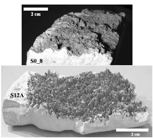 Pictures of pressure solution seam surfaces in limestones showing two different morphologies and peak amplitudes. The two rock bodies of pressure solution seams are separated without damaging the peaks. The roughness of sample S0-8 is typically on the order of 2 millimeters. The roughness of sample S12A, from Vercors Mountains, is up to 5 millimeters. From Renard et al (2004).