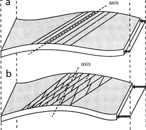 A PVC plate with a brittle varnish coating was subjected to first torsion or non-cylindrical bending (a) and then bending about a cylindrical axis (b) to produce two sets of joints. From Rives and Petit (1990).