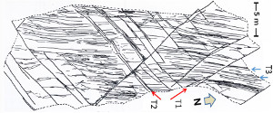 Map showing a network of compaction bands comprising two major sets and the third set confined between the two major sets exposed on a pavement of the Aztec Sandstone exposed at the Cottonwood Creek in the Valley of Fire State Park, Nevada. Note that the youngest set with N-S trend has the shortest lengths and narrowest spacing. For fractal plot for this network, see (cb) in Figure 4. From Hill (1989).
