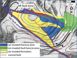 Map showing larger faults exposed at the Roman Quarry and their components such as fault zones, breccia zones (filled by tar), and slip surfaces (locally dilated allowing intrusion of tar into the fault zone). From Aydin (2005).