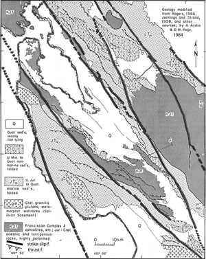 Fault pattern around the San Francisco Bay Area. The system is dominated a series of NW-trending large strike-slip faults. Also notice domains of thrust faults and folds inbetween adjacent and sometimes en echelon strike-slip faults.. It is quite possible that there are also normal fault domains such us the San Francisco Bay proper. From Aydin and Page (1984).