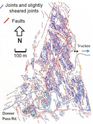 Fracture and fault map based on aerial photography mapping and ground checking for the sense and magnitude of slip along some faults. Detailed map in the next figure is of the maps produced at three locations from the lower left corner of the map. Some of the complexities in the fault pattern are probably due to the Tertiary reactivation of the Mesozoic fault and fracture systems. From Aydin et al. 2002.