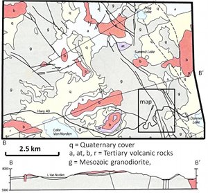 Geologic map and one cross section showing the distributions of the Cretaceous intrusive rocks and the remnants of predominantly Tertiary volcanic rocks in the Donner Pass area, northwest of Lake Tahoe. Notice the presence of a series of northwesterly trending faults with large apparent vertical offsets along the eastern boundary of Sierra Nevada. From Hudson (1951). The rectangle marks the location of a detailed fracture map which will be presented later.