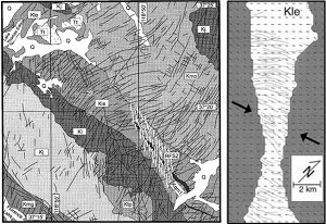 Several sub-parallel intrusive bodies and the associated fractures in the Mt Abbott quadrangle. The inset on the right is a diagram showing the most compressive principal stress trajectories using a termoelastic model for the Lake Edison intrusion (marked as Kle). From Bergbauer and Martel (1999).
