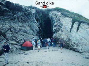 A 2 meter wide sand dike which intruded into a mudstone formation at Laguna Beach, north of Santa Cruz, California.
