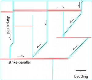 Shearing of two ped-perpendicular orthogonal pressure solution sets and potential products. Rotation of stresses about a vertical axis would possibly induce these shears but their senses would vary along a thrust front.