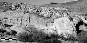 Outcrop photo showing parallel pattern of deformation bands in Aztec sandstone. View is to the north, bedding is approximately horizontal. From Sternlof (2006).