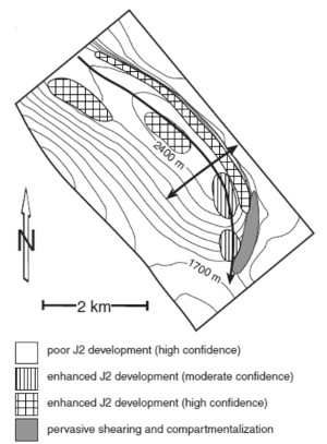 Structure map of the Cretaceous Frontier Fm. (Sandstone 1) of Oil Mountain anticline showing enhanced fracture distribution for set J2 and localized zone of shearing. From Henning et al. (2000).