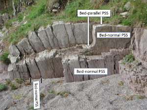 Three sets of mutually orthogonal pressure solution sets in a folded terrain of clastic rocks of southwestern Ireland. One of the sets occurs along the bedding and the other two are mutually orthogonal and are perpendicular to bedding and generally sub-parallel to the fold axis. Slightly revised from Nenna et al. (2010).
