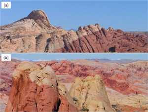 (a) A scenic view showing red and bluff color units of Aztec Sandstone at the Silica Dome area. View to the east. (b) Alteration units of various colors in the middle section of the Aztec Sandstone. View to the northwest.