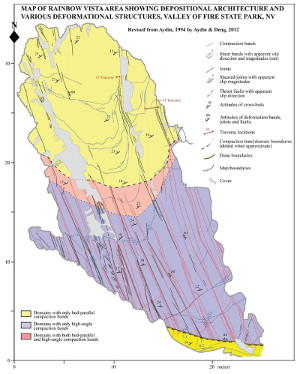 Map showing compaction bands, joints, and sheared joints in various intersection relationships in Aztec Sandstone at the Rainbow Vista in Valley of Fire State Park, Nevada. From Aydin and Deng (2012).