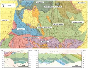 Geologic map and cross-sections of Valley of Fire State Park and its vicinity. The Muddy Mountain, Summit, and Willow Tank are part of the Sevier fold and thrust structures of the Late Cretaceous age. Other faults in N-S, NW-SE, and E-W orientations are of normal (and strike-slip sense - added by the present authors) and comprise the Basin and Range structures of the Tertiary age. Cropped out from Bohannon (1983).